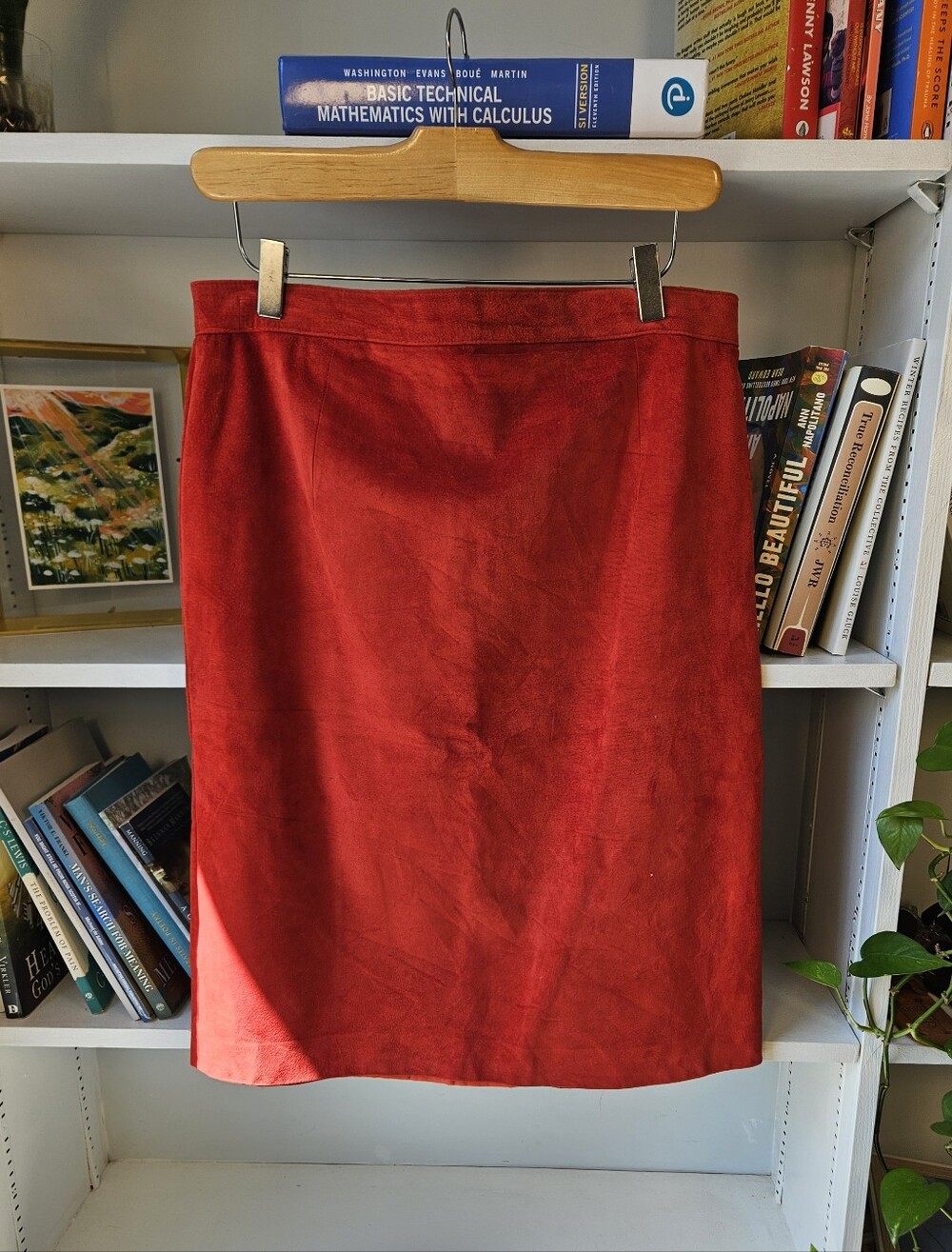 Vintage Genuine Leather Red Womens Pencil Skirt Size Large Suede Skirt